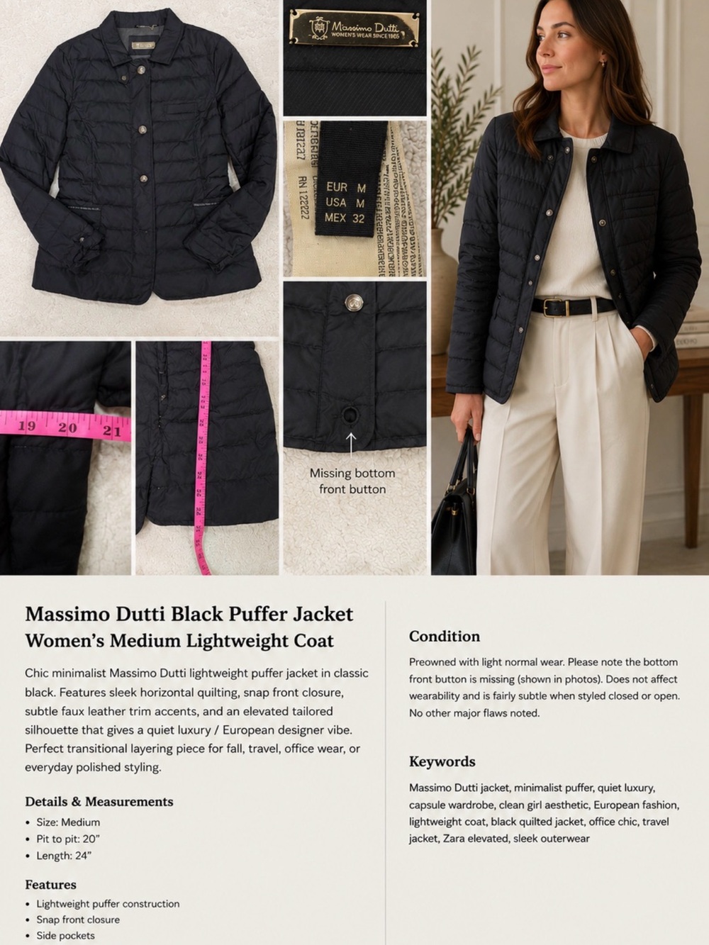 Massimo Dutti Black Quilted Puffer Jacket Women M Minimalist Lightweight Coat